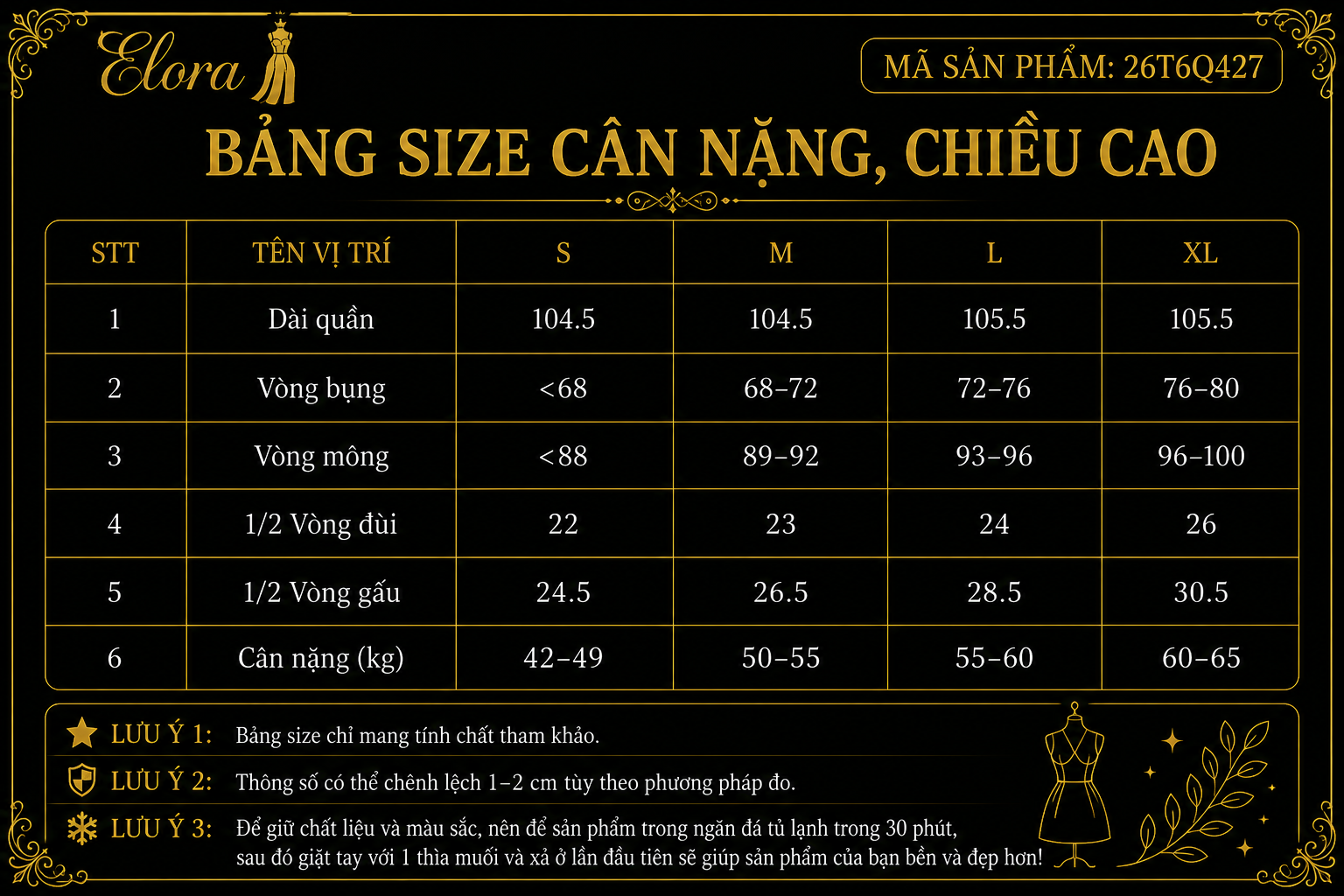 Bảng size Quần ống loe tôn dáng khóa trước