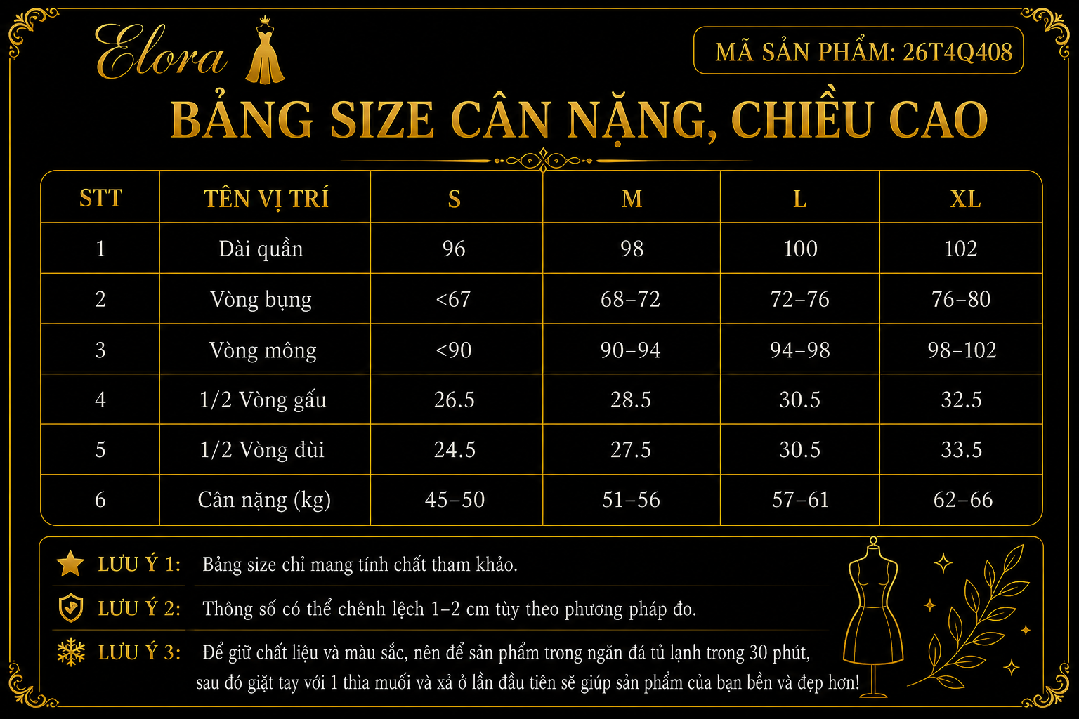 Bảng size Quần Umi ống loe co giãn hack dáng Elora ( Kéo khóa sau )