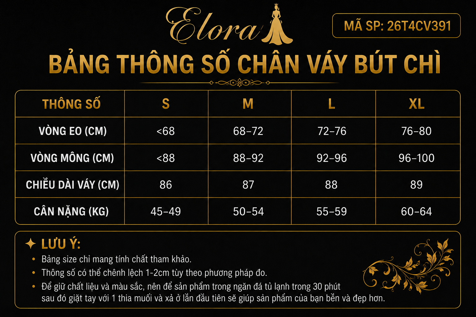 Bảng size Chân váy bút chì 90 cm